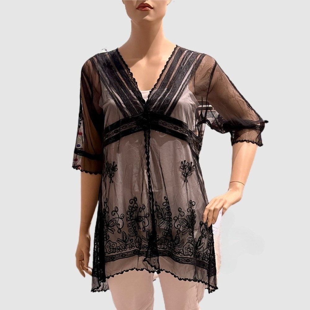Nataya ALT-3 Sheer Lace Titanic Tunic Plus Size 3X Black Soutache Embroidery NWT
